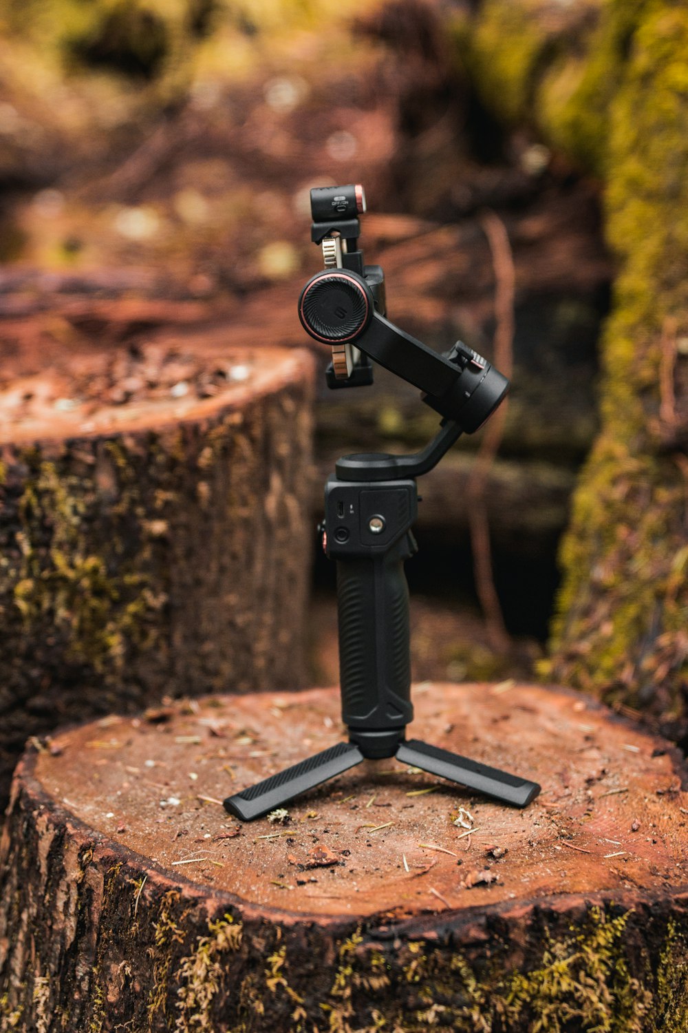 a tripod with a camera attached to it sitting on a tree stump