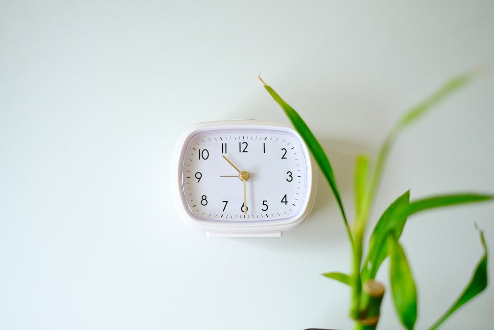 Un reloj blanco montado al costado de una pared