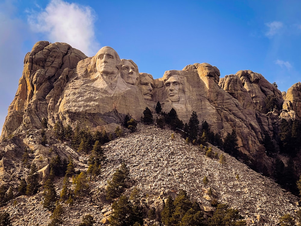 a group of mountains with trees growing out of them