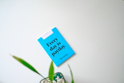 A blue card with bold black text reading 'Every day is payday.' is affixed to a light-colored wall. Below the text, the name 'GoDaddy' is printed in smaller font. A potted plant with green leaves is partially visible at the bottom of the image.