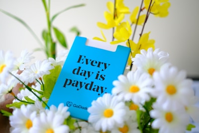 A bright blue card with bold black text saying 'Every day is payday' surrounded by a cluster of white daisies with yellow centers and a few yellow flowers against a blurred background.