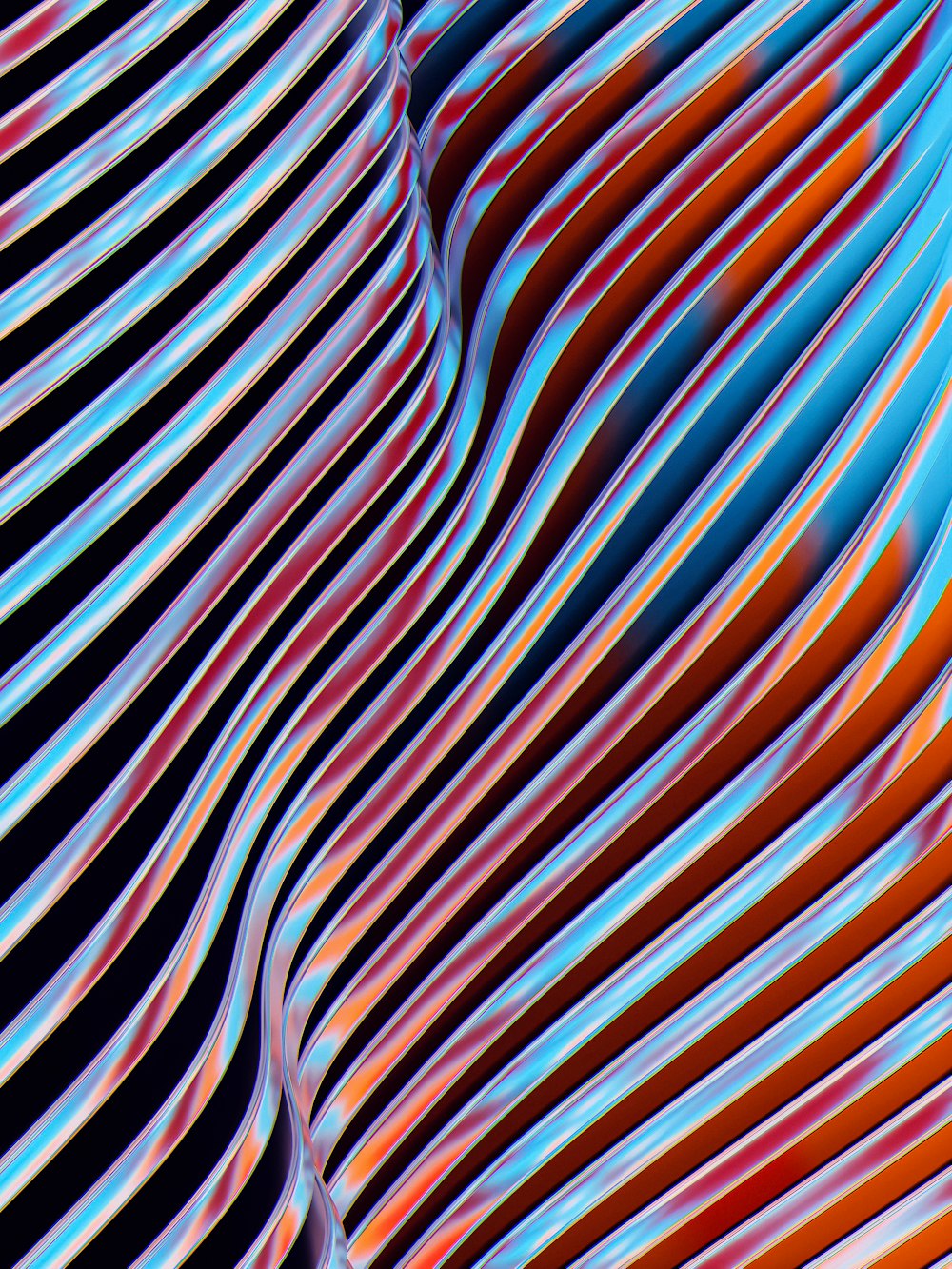 an abstract image of lines and curves in blue, orange, and red