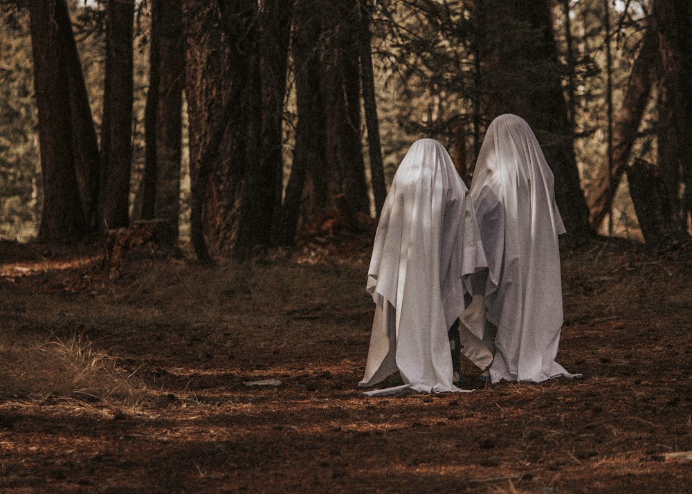 two ghostly people walking through a forest