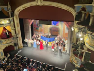 A vibrant scene from a lively theater production with the actress in mid-action.