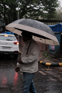 A person wearing a light-colored jacket and jeans holds a checkered umbrella while walking on a wet street. There is a white car nearby, and the background shows trees and a structure partially covered with blue tarps. The scene suggests rainfall, with the road appearing wet.