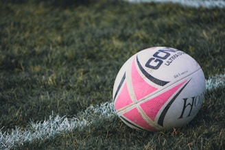 a rugby ball sitting on top of a lush green field