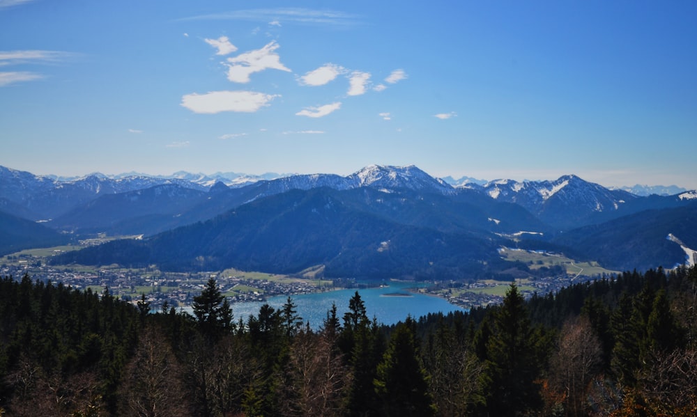 a view of a mountain range with a lake in the foreground