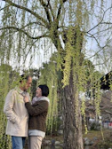 A happy duo enjoying a picnic under a large tree, smiling and looking into each other's eyes.