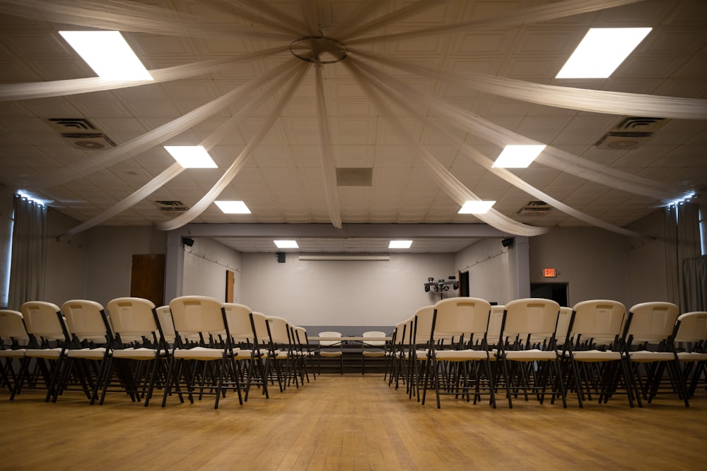 a room filled with lots of white chairs