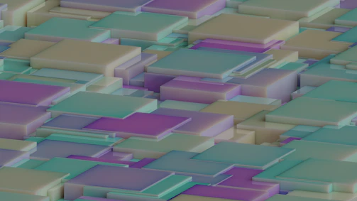 Overlapping geometric shapes in neon gradients with soft shadows creating a sense of depth.