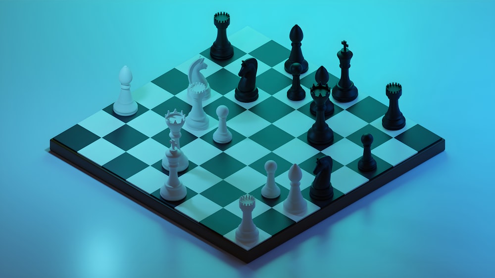 a black and white chess set on a blue background