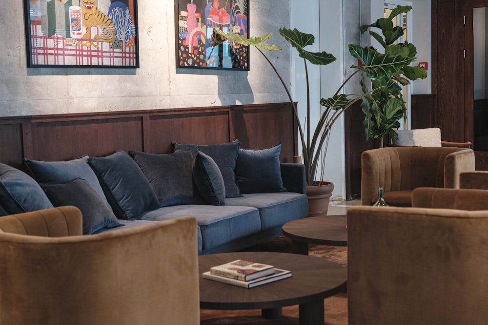 a living room filled with furniture and a potted plant