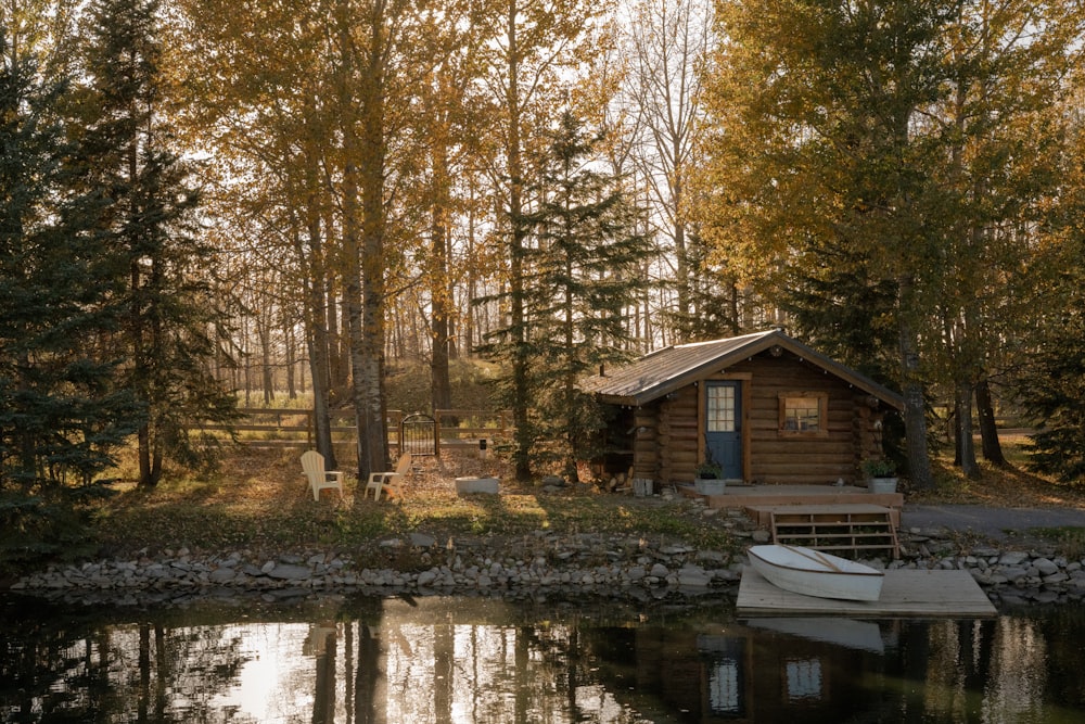 a small cabin on the shore of a lake