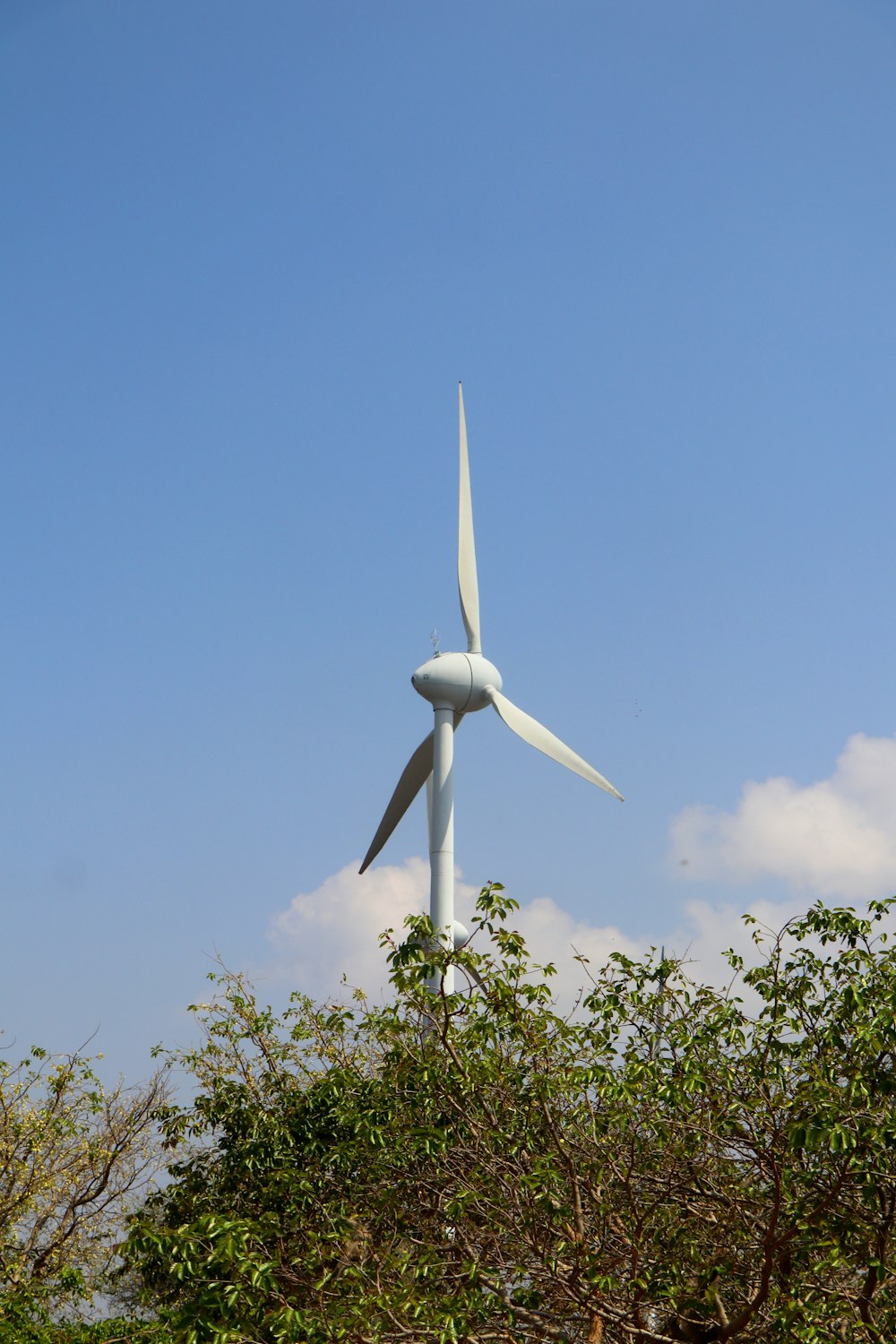 a large white wind turbine towering over a forest