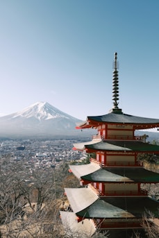 a pagoda with a mountain in the background