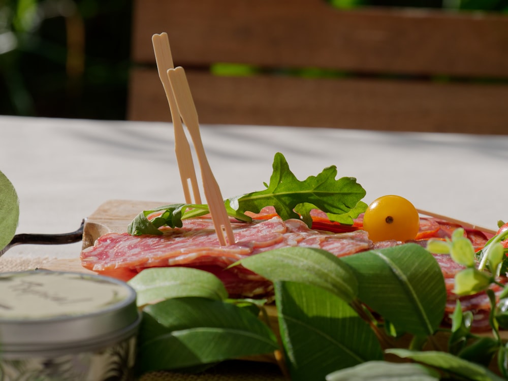 a close up of a plate of food on a table