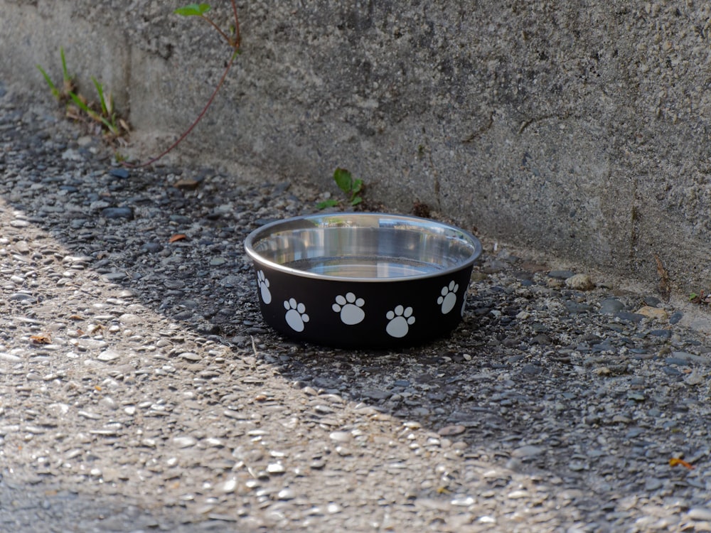a black dog bowl with paw prints on it