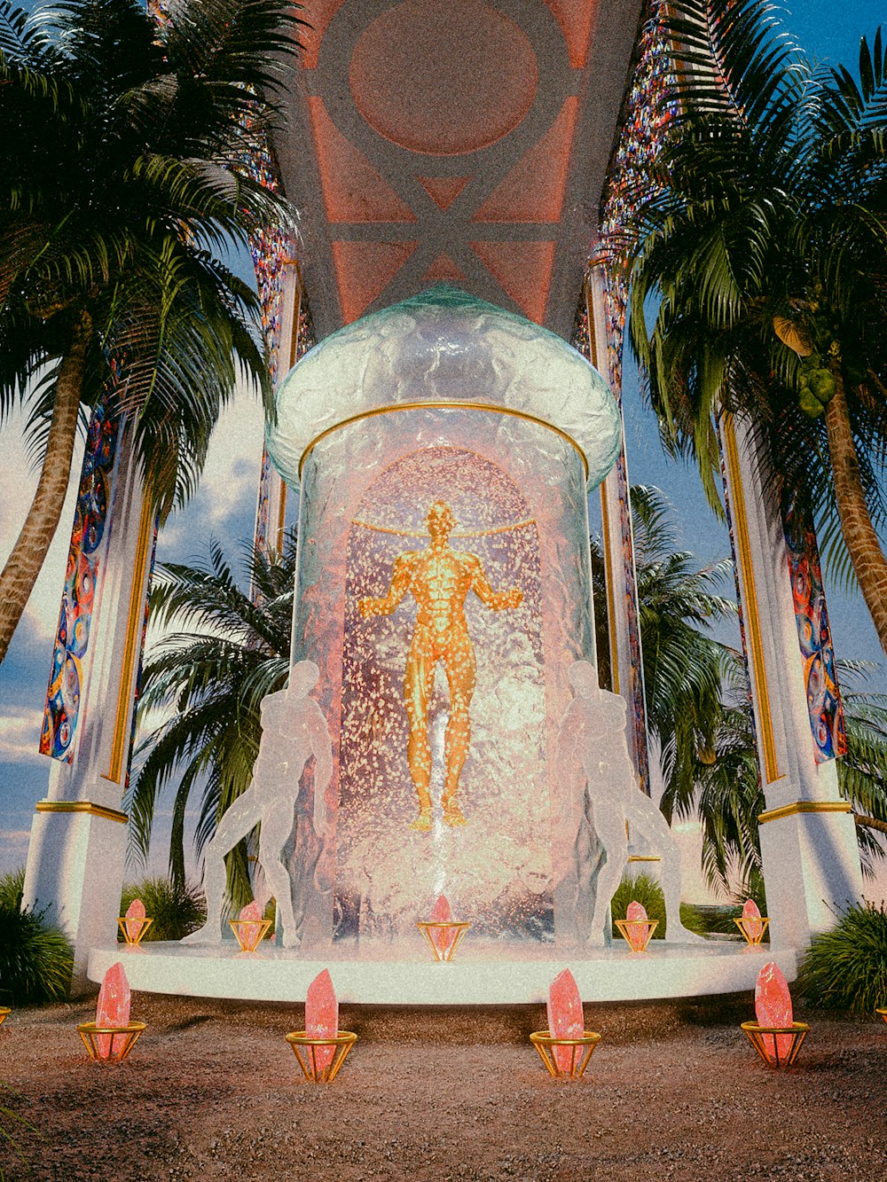 a statue of a man surrounded by palm trees