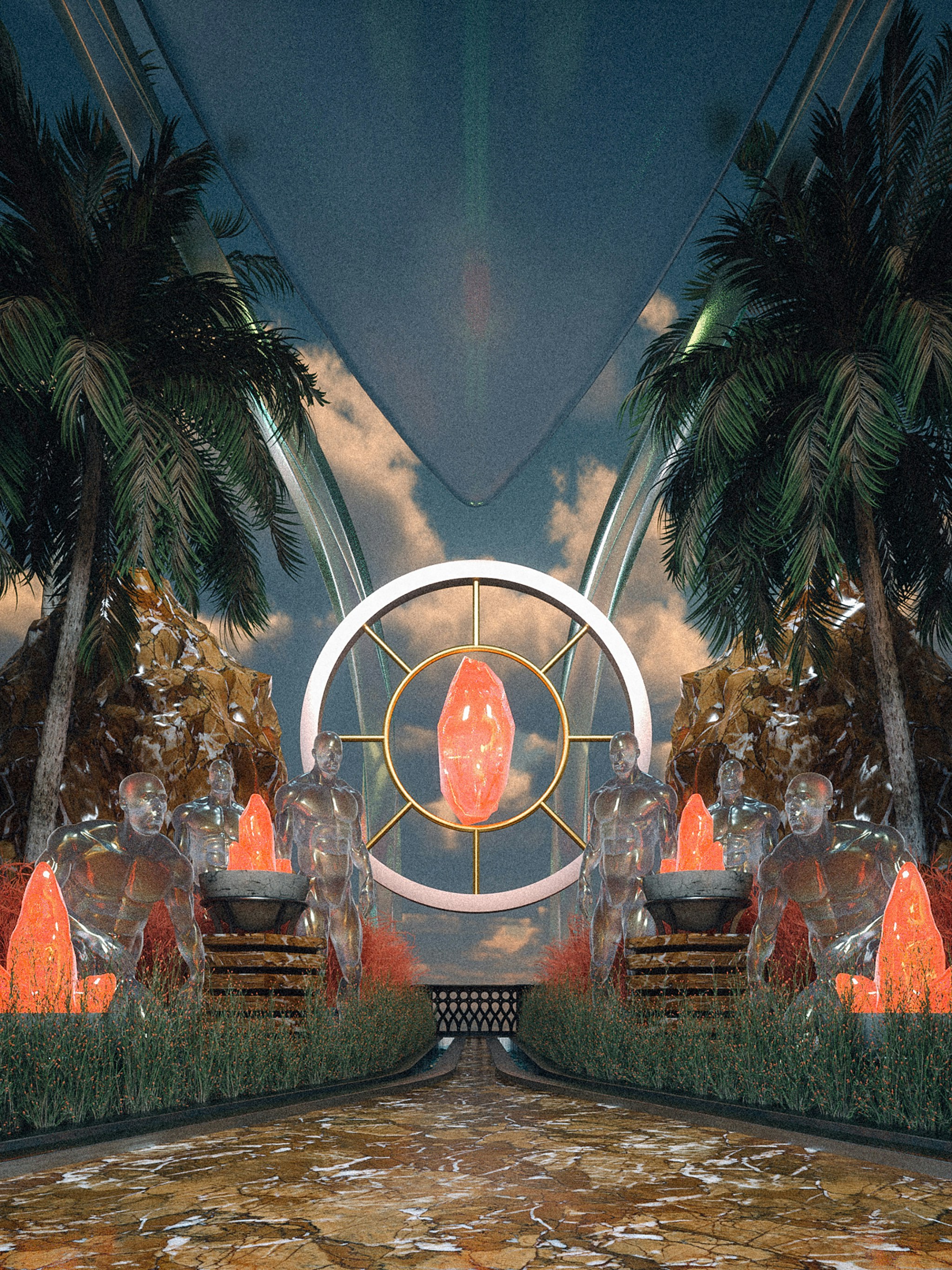 a digital painting of a futuristic city with palm trees