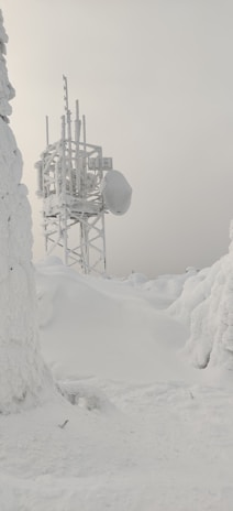 A telecommunications tower heavily covered in snow and ice, situated in a snowy landscape. The surrounding area is blanketed with thick snow, giving an isolated, wintery appearance. The sky is overcast, adding to the cold and serene atmosphere.