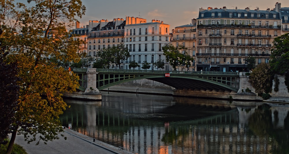 a bridge over a body of water with buildings in the background