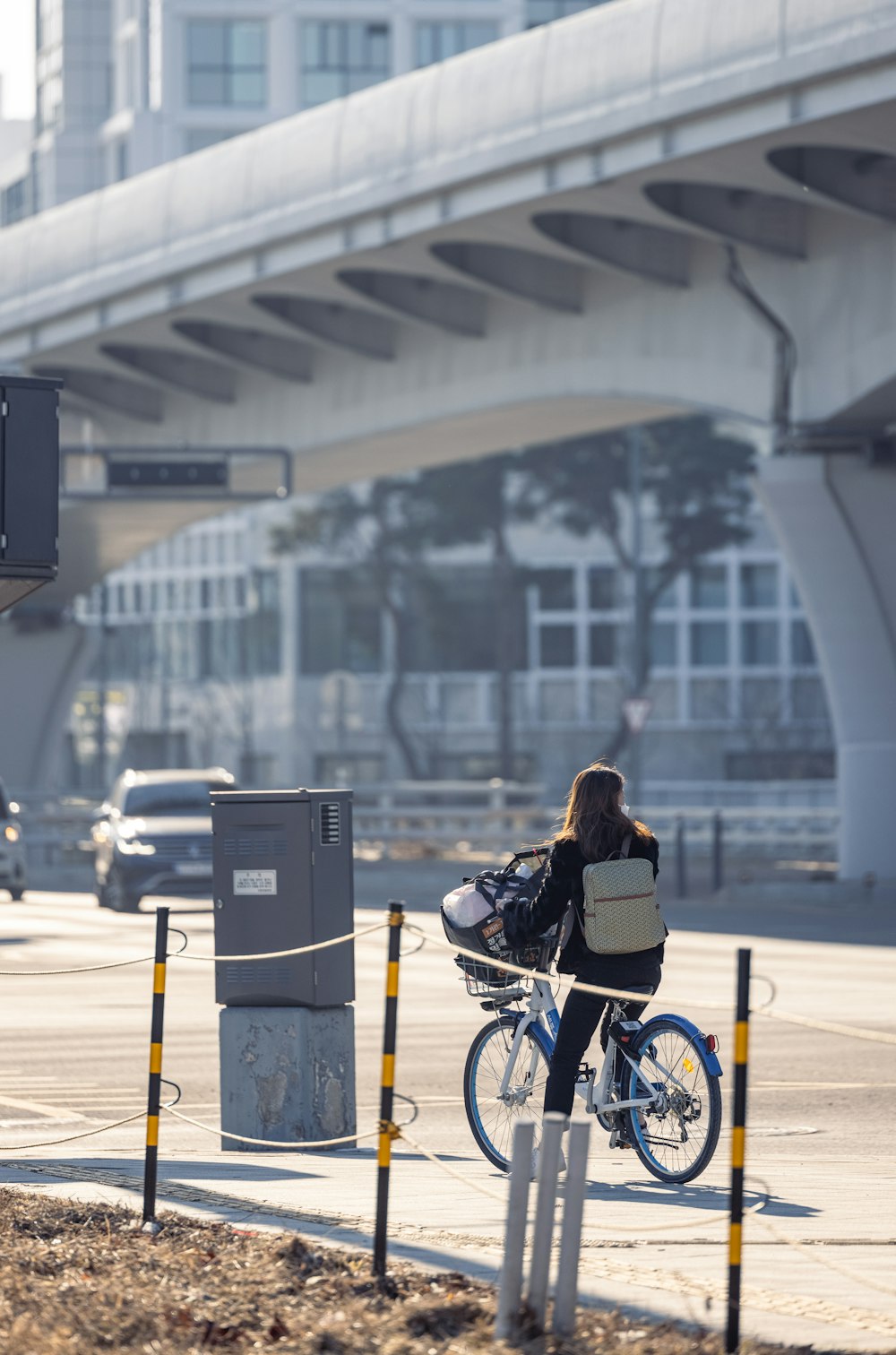 a woman riding a bike down a street next to a traffic light