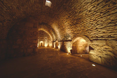 Interior view of a cozy, well-lit underground shelter with modern amenities.