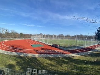 A vibrant athletic track surrounded by green grass and clear blue skies.