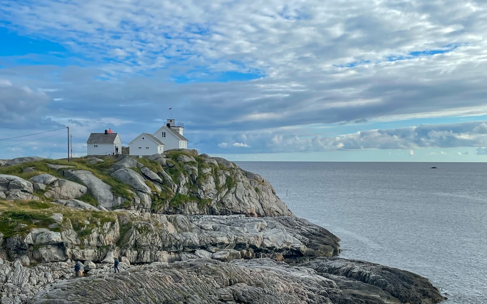 a lighthouse on a rocky outcrop near the ocean