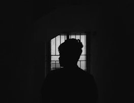 Silhouetted figure of a correctional officer standing against a barred window at dusk.