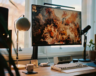 a computer monitor sitting on top of a wooden desk