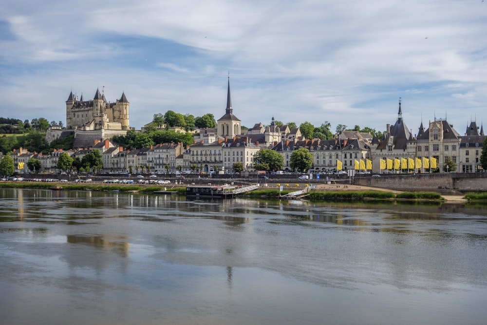 a river with a city in the background