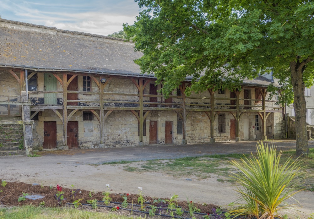 an old building with a tree in front of it