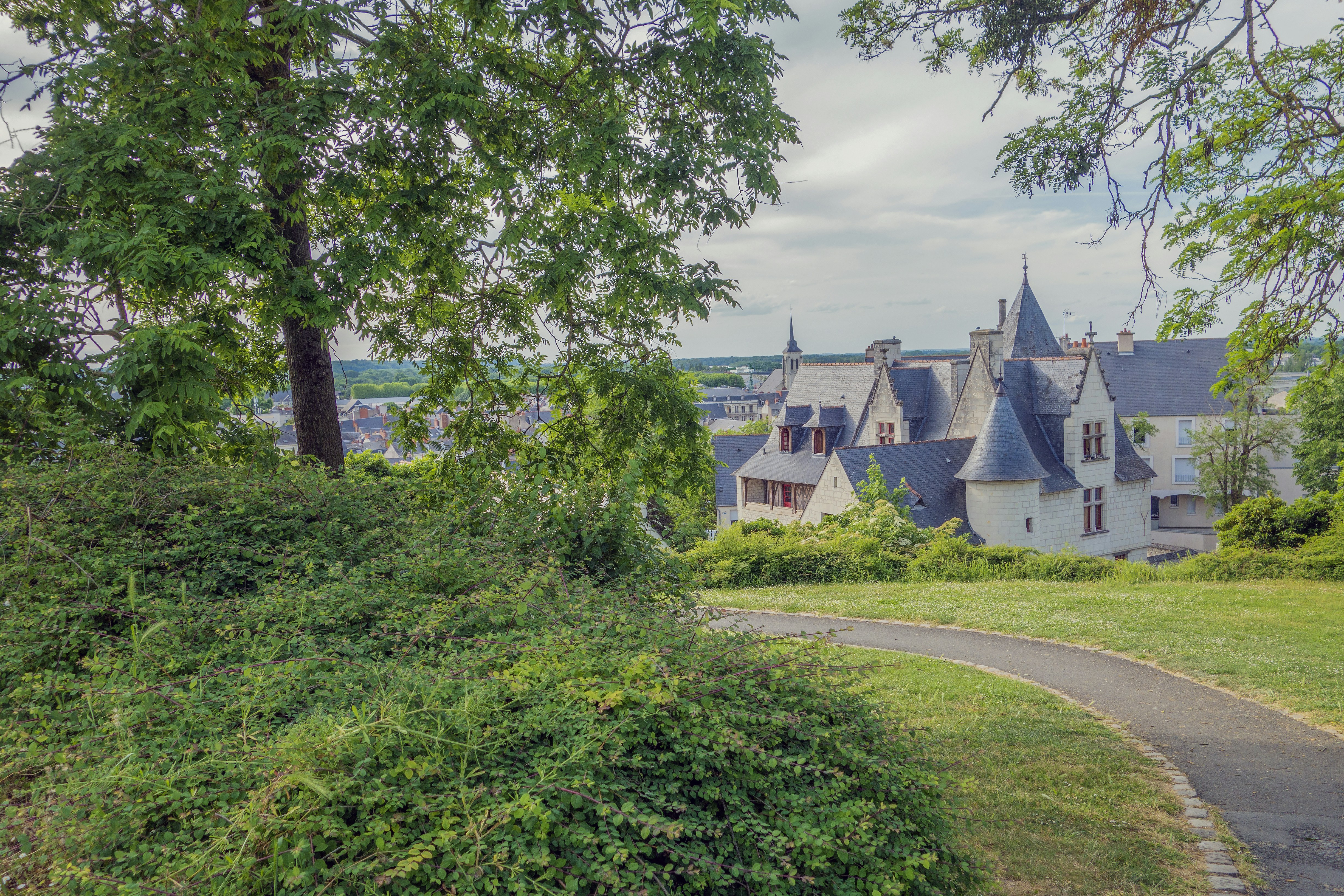 a large house sitting on top of a lush green field, Saumur, ville touristique des bords de Loire.