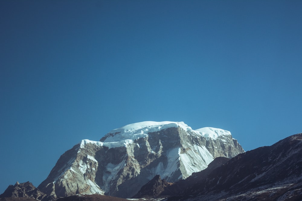 a snow covered mountain with a clear blue sky