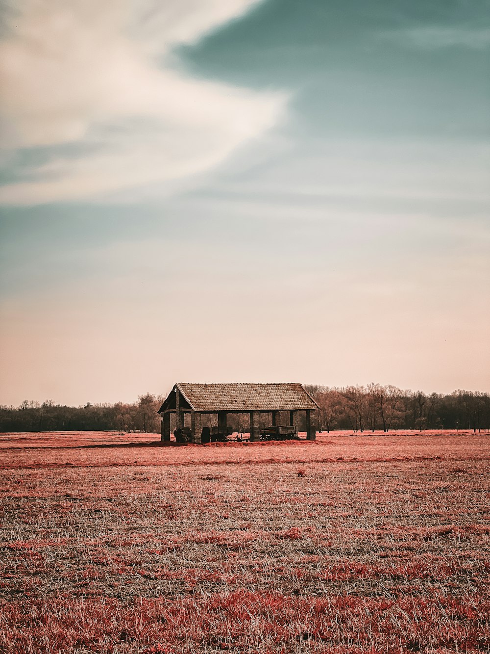 Una casa in un campo con un cielo sullo sfondo