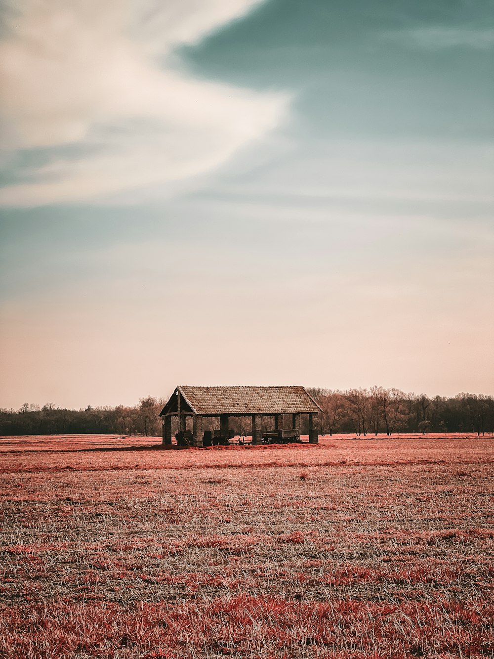 a house in a field with a sky in the background