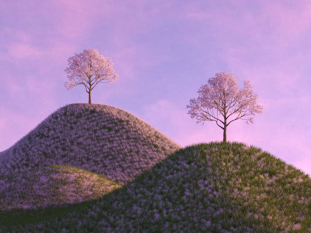 a painting of two trees on top of a hill