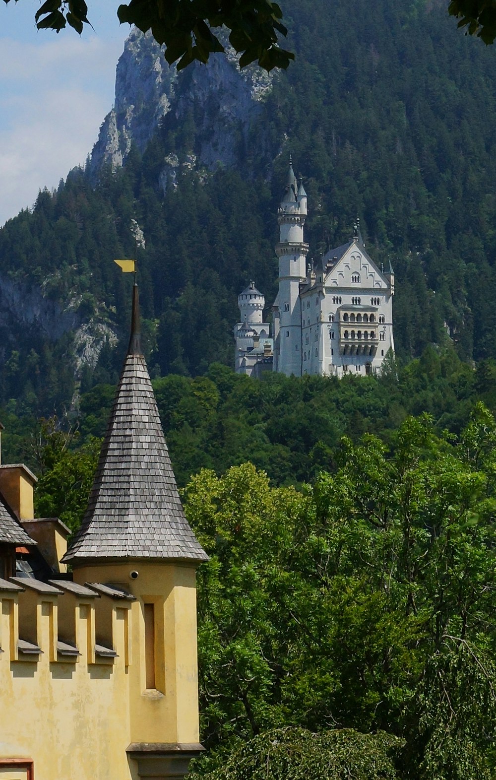 a castle on top of a mountain surrounded by trees