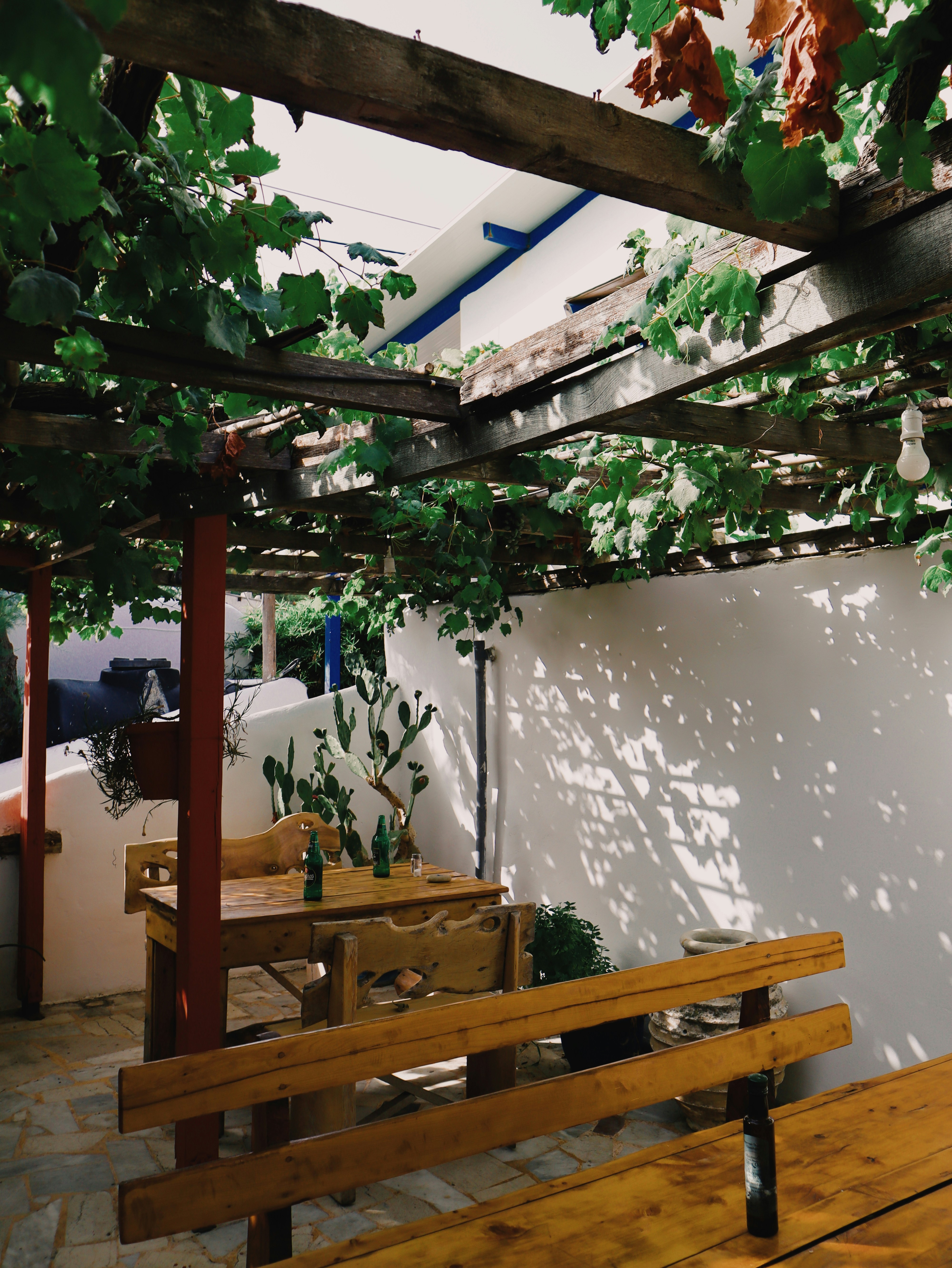 a wooden bench sitting under a pergolated roof