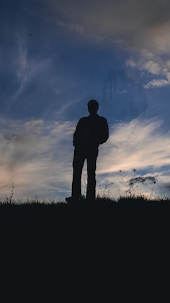 Silhouette of a person standing on a hill under a vast, dreamy sky.