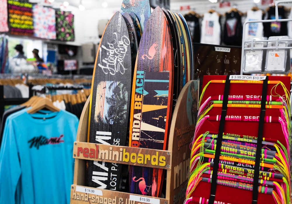 a rack of snowboards in a store