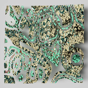 Abstract mixed-media artwork combining mineral tones and metallic accents.
