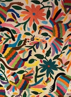 Colorful embroidery featuring birds and flowers with a variety of bright colors. The design includes vibrant hues and intricate details, showcasing a traditional folk art style.