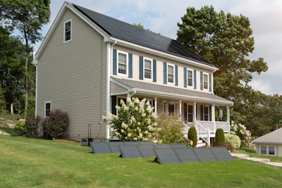 A home powered by verdigris solar panels surrounded by lush greenery on a bright day.