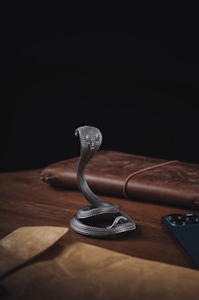 A metallic snake sculpture is coiled gracefully on a wooden surface, surrounded by a leather-bound notebook and a smartphone. The lighting casts subtle reflections on the snake's textured surface, creating a mysterious ambiance.