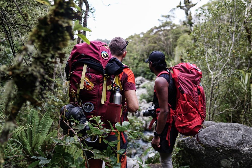 two men with backpacks walking through a forest