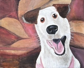 A painting of a white dog with brown ears and eyes, displaying a playful expression and tongue out against a reddish-brown abstract background.