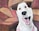 A painting of a white dog with brown ears and eyes, displaying a playful expression and tongue out against a reddish-brown abstract background.