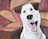 A painting of a white dog with brown ears and eyes, displaying a playful expression and tongue out against a reddish-brown abstract background.